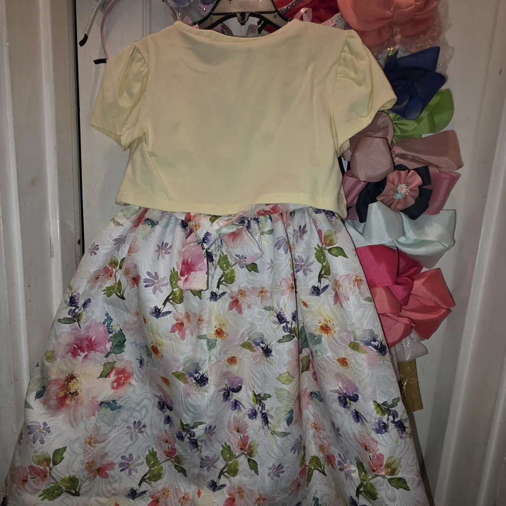 Bonnie Jean White Floral Satin Dress with Pale Yellow Bolero and Gold Bow